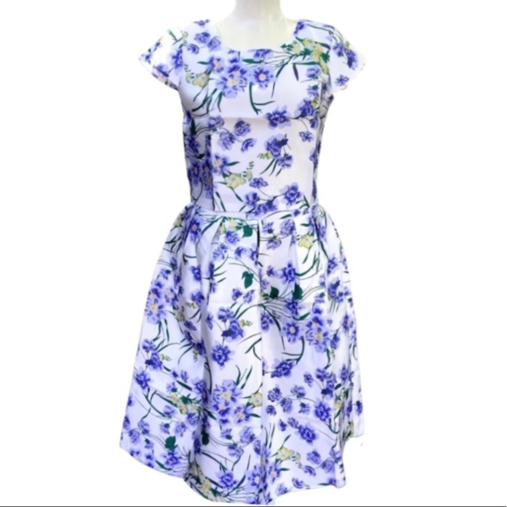 Blue violet floral white 2 pc cap sleeve crop top & full skirt set S M L NWT - Picture 5 of 13